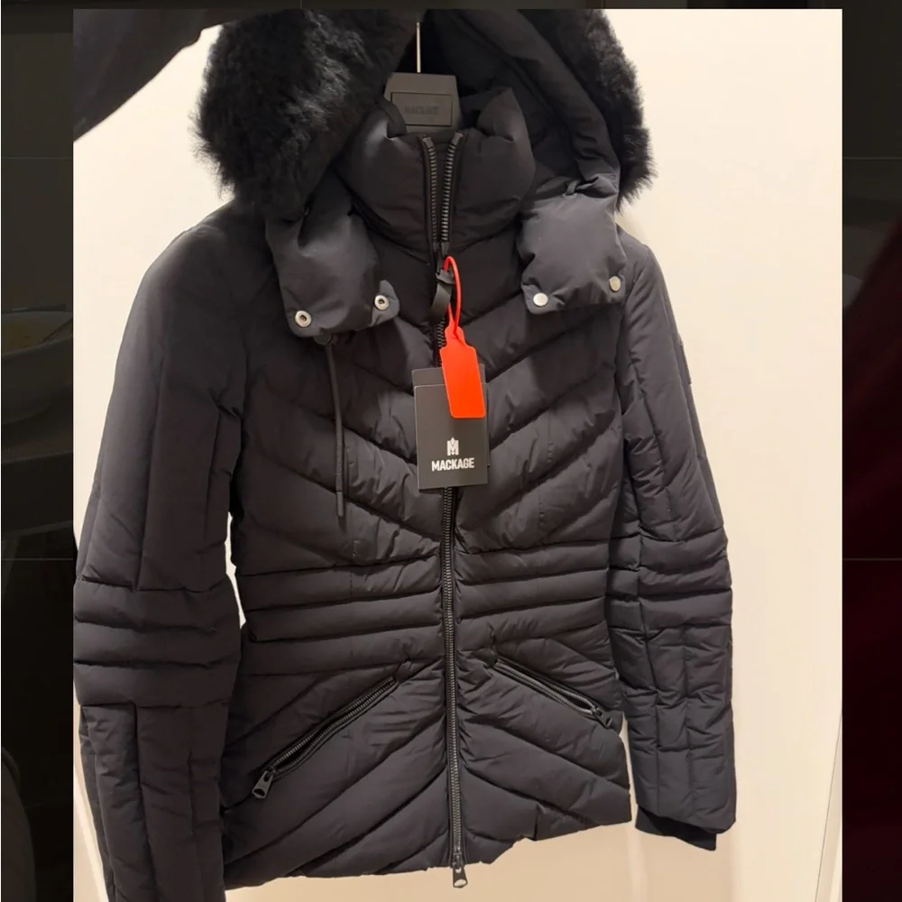 Mackage Women's Charcoal Puffer Coat with Fur Hood - Picture 3 of 5